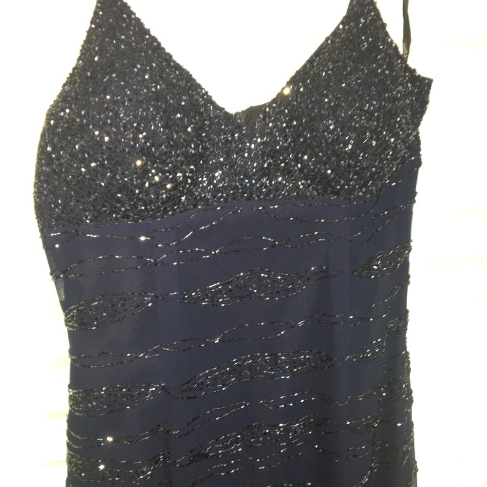 Long beaded sequin navy dress, back slit